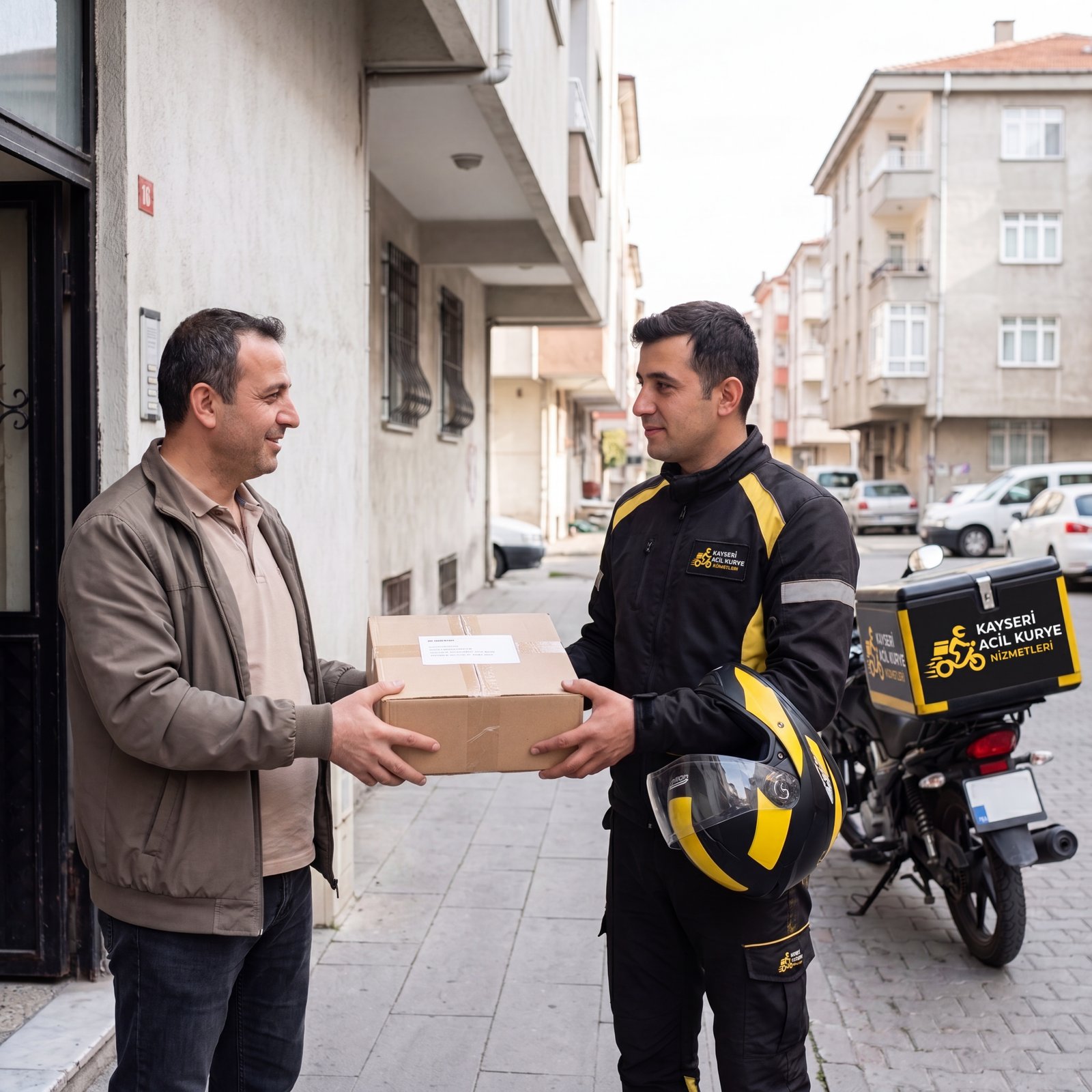 Kayseri Acil Kurye görevlisinin müşteriye elden paket teslimi